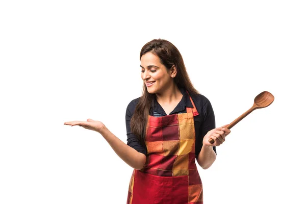 Indian Asian Woman Chef Wearing Apron Holding Wooden Spatula While — Stock Photo, Image