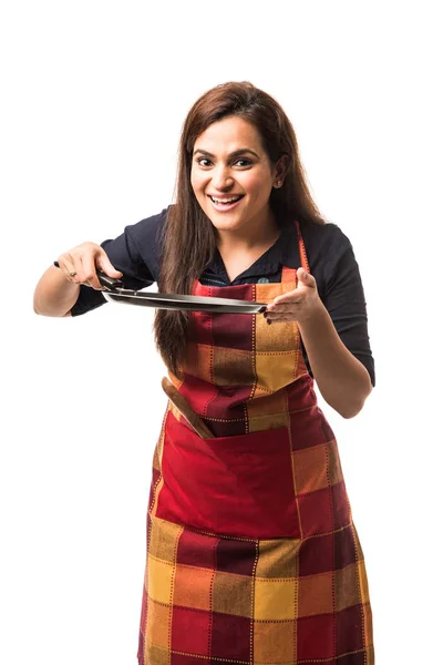 Indian Asian Woman Chef Wearing Apron Holding Pan Spatula While — 스톡 사진