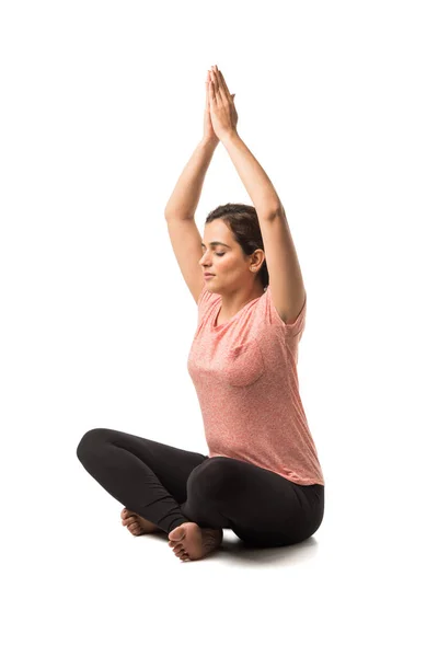 Indian Woman Girl Performing Yoga Asana Meditation Dhyan Sitting Isolated — Stock Photo, Image