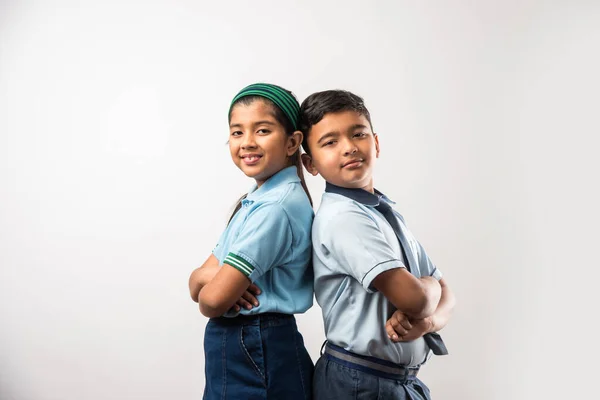 Cheerful Indian School Kids Uniform Standing Isolated White Background — Stock Photo, Image