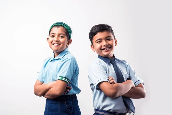 Cheerful Indian School Kids Uniform Standing Isolated White Background — Stock Photo, Image