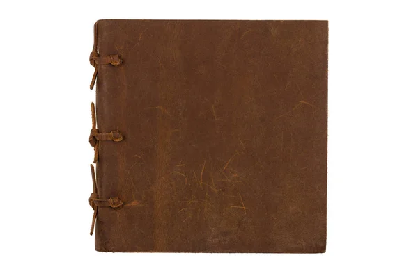 Square notebook with leather brown cover on white background — Stock Photo, Image