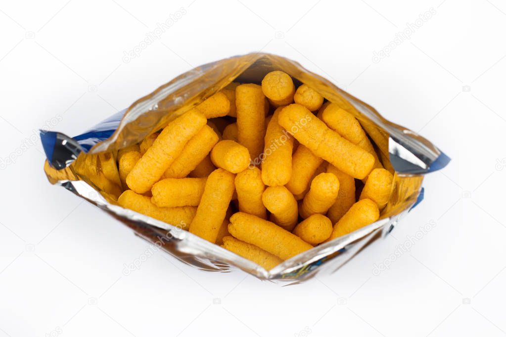 top view of open corn puff snacks packaging
