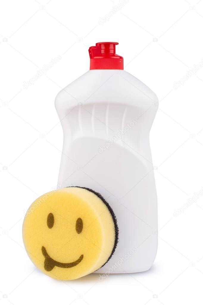 cleaning concept with white plastic bottle and happy sponge