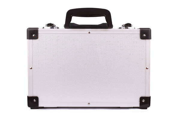 Horizontal front view of closed silver metal aluminum security suitcase isolated on white background