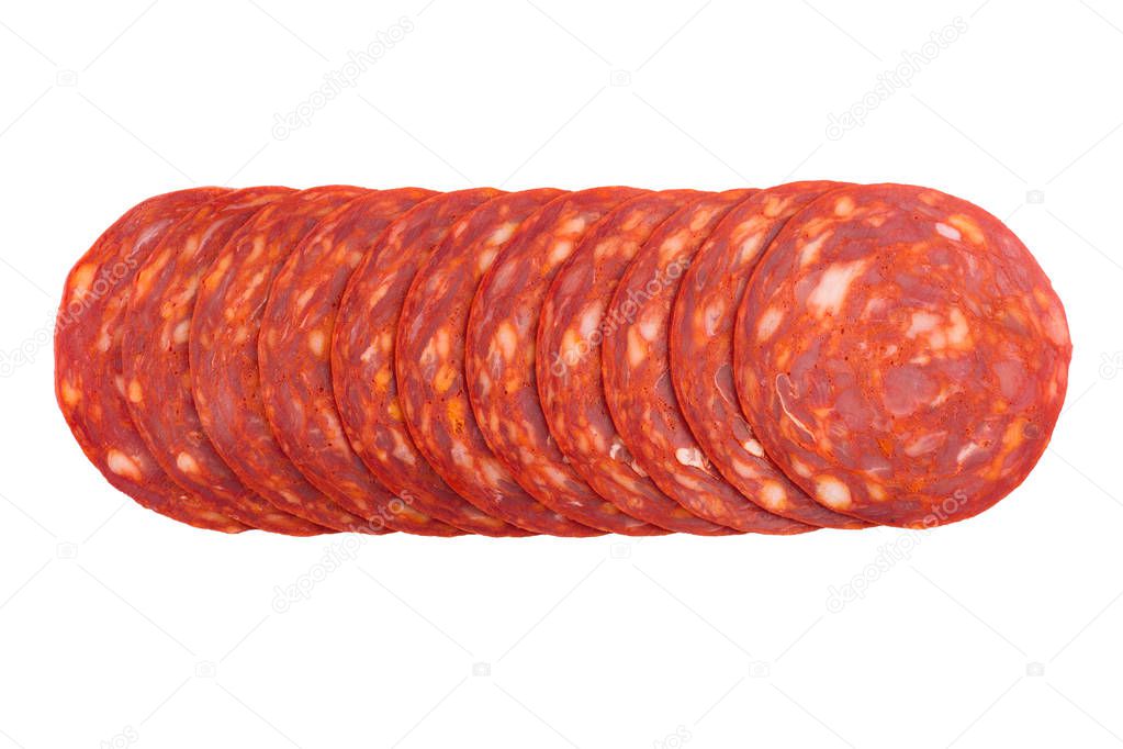 chorizo sausages slices isolated on white