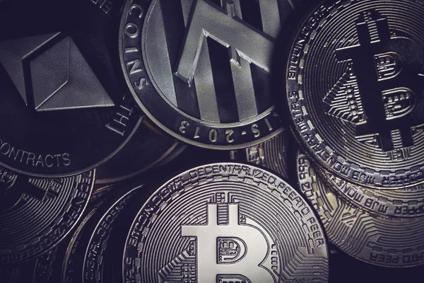 Closeup of golden cryptocurrency coins — Stock Photo, Image