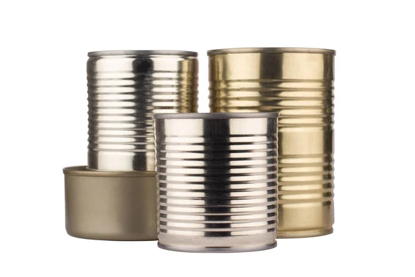 白地に隔離された異なるサイズの食品のための錫缶の光沢のある金属製セットのフロントビューの閉鎖 — ストック写真