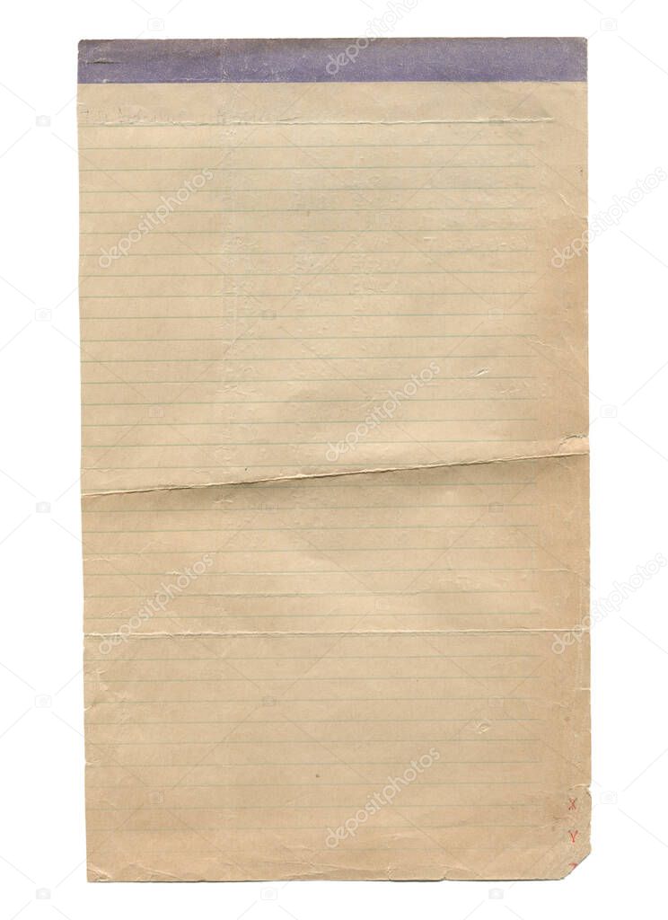 vertical closeup of blank notebook lined old aged paper texture background with wrinkle and torn edges isolated on white background