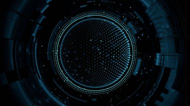 Ön görünüm, soyut koyu kürenin mavi neon noktalar desenli ve koyu mimari yapı arkaplanlı 3d görüntüsü