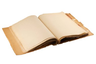 Eski açık dosya dosya dizininin perspektif kenar görüntüsü. Eskimiş açık kahverengi sayfalar izole edilmiş ve beyaz zemin üzerinde karton kapaklar var.