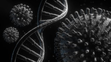 Siyah arka plan üzerinde DNA iplikçikleri olan Corona virüsünün, mutasyon için siyah ve beyaz üç boyutlu yakın plan çizimi