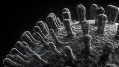 Siyah arkaplan mikroskobik ölçekli DNA iplikçikleriyle Corona virüsünün yakın çekim detayları