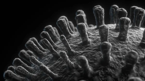 macro 3d illustration closeup detail of corona virus with DNA strands on black background microscopic scale concept