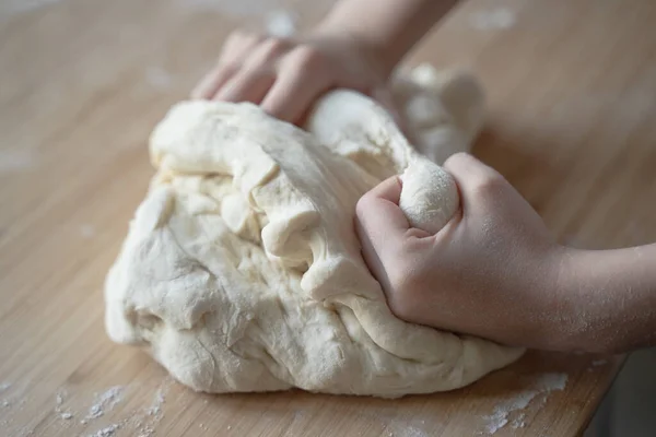 Side View Close Portrait Caucasian Little Girl Hands Working Dough — Stock Photo, Image