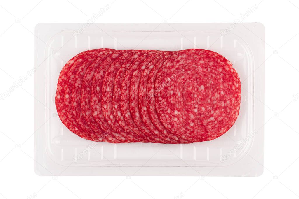 top view of smoked salami sausages slices in transparent vacuum plastic packaging isolated on white background