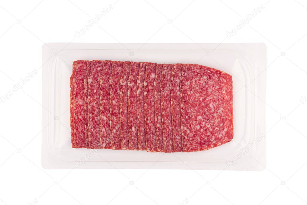 top view of squared shaped smoked salami sausages slices in transparent vacuum plastic packaging isolated on white background