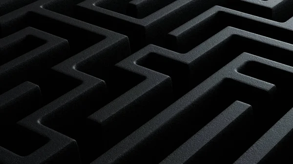 3d illustration closeup of dark black labyrinth maze pattern with textured stone walls
