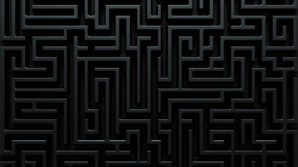 front view 3d illustration closeup of dark black labyrinth maze pattern with textured stone walls