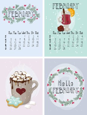 Vektör kümesi kış Şubat takvim posterler ve Sevgililer günü tebrik kartları, el tarzı çizilmiş