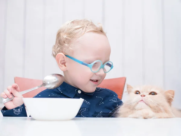 Ребенок в очках сидит за столом с котом — стоковое фото