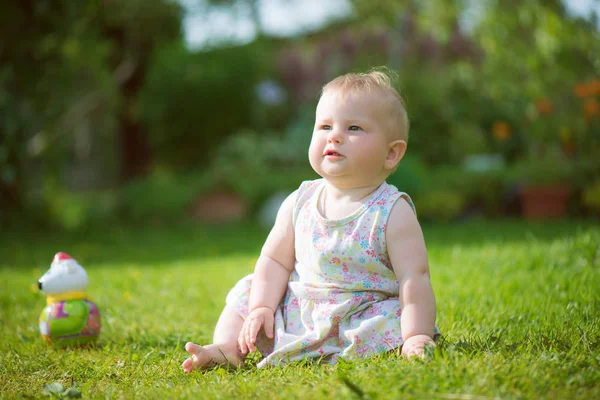 Mollig, niedliches Baby auf dem Gras sitzend — Stockfoto