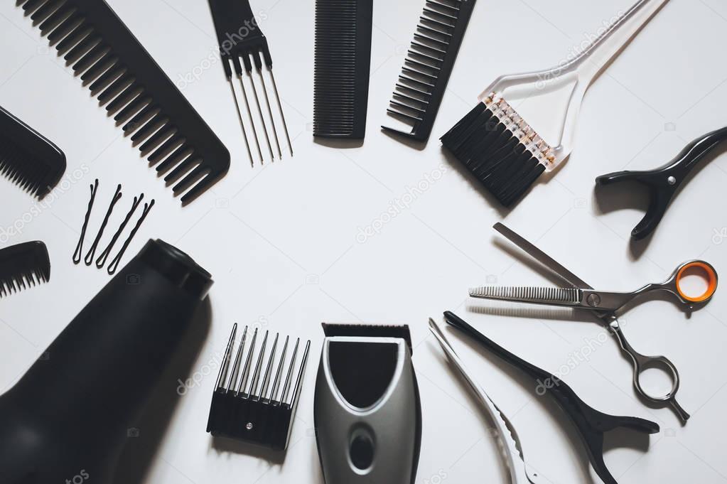 Hair Stylist Accessories White Background Top View Copy Space