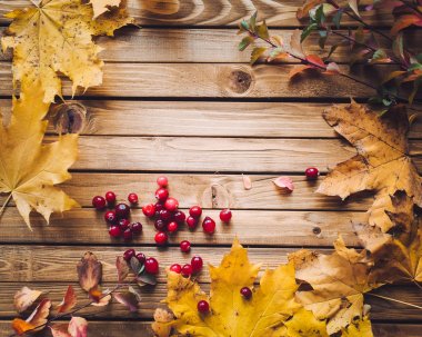 Kızılcık ve sonbahar yaprakları bir ahşap zemin üzerinde. Sonbahar vitaminler. Grip önlenmesi.