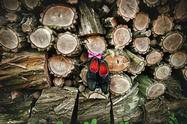 Groom Shoes Pile Firewood Logs Wedding Accessory — Stock Photo, Image