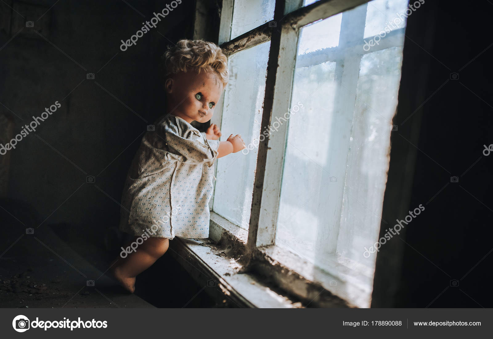 Old Doll Dirty Window Looks Glass Fear Horror Halloween Stock Photo by