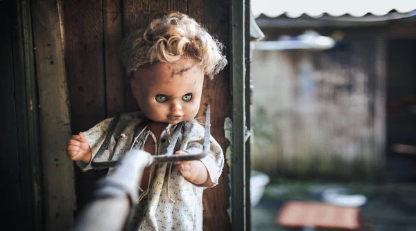 Old doll pressed to the wall with garden forks. Aggression, cruelty, fear.