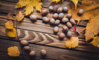 Fındık üzerinde ahşap masa dağınık. Yararlı fındık kavramı. Ahşap zemin üzerine sarı sonbahar yaprakları.