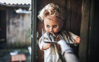 Eski bebek duvara Bahçe çatal ile bastırdı. Saldırganlık, zulüm, korku.