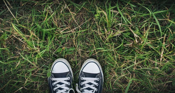 Canvas Black White Sneakers Green Grass Top View Copy Space — Stock Photo, Image
