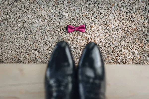 Closeup Black Leather Shoes Bow Tie — Stock Photo, Image