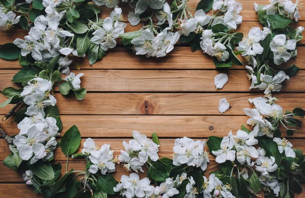 Voorjaarsbloeiende tak op houten achtergrond. Appelbloesems. Kopieer ruimte, mockup. — Stockfoto