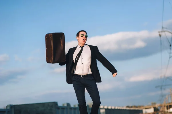 Young Ukrainian Businessman Suit Suitcase Rejoices Successes His Career Good — 스톡 사진