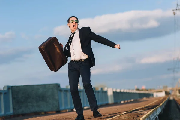 Happy Caucasian Man Runs Train Station Waving His Suitcase Concept — 스톡 사진