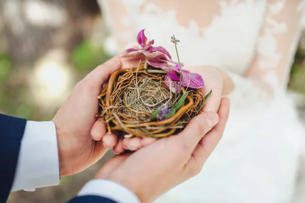 Hands Groom Bride Hold Wedding Rings Bird Nest Symbol Building — Stock Photo, Image