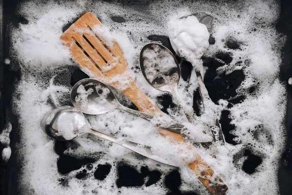 Washing Dishes Concept Still Knife Wooden Kitchen Spatulas Spoons Detergent — Stock Photo, Image