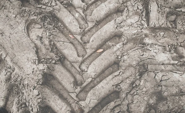 灰土上的吉普车轮胎印 拖拉机轮子在地面上 轮胎保护特写 灰色背景 Suv — 图库照片