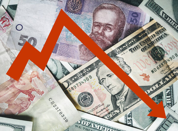 Inflation US dollar against the backdrop of the Ukrainian hryvnia. The concept of cheapening and depreciation, expressed in the graph with a red arrow pointing down.