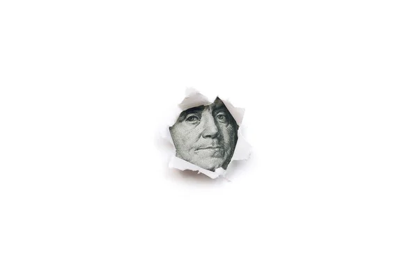 Retrato Benjamin Franklin Uma Nota Cem Dólares Num Buraco Rasgado — Fotografia de Stock