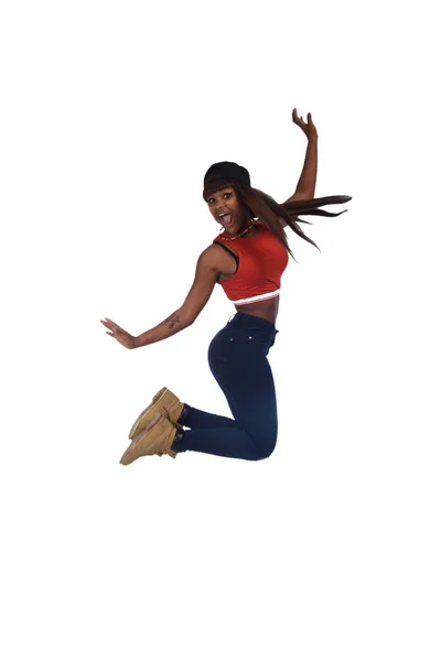 Kız, beyaz renk izole asi genç kız atlama — Stok fotoğraf
