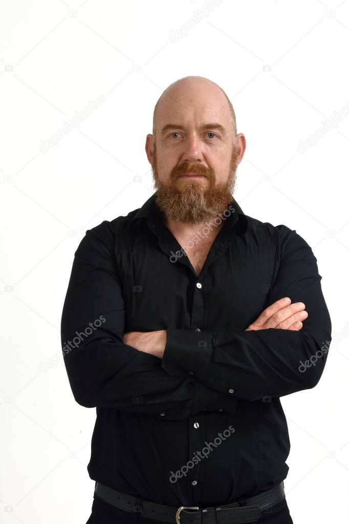 Portrait of red headed man on white