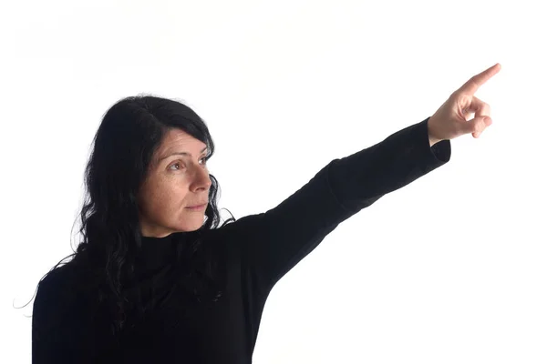 Mujer señalando en blanco — Foto de Stock