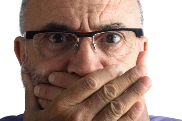 Man with hand in mouth — Stock Photo, Image