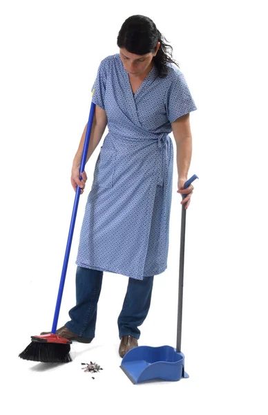 Woman sweeping on white — Stock Photo, Image