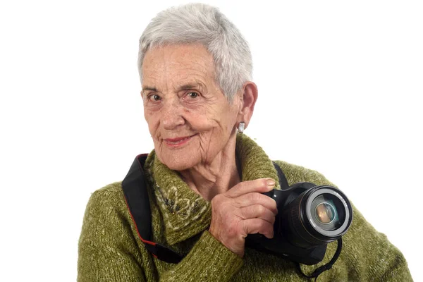 Slr fotoğraf makinesi ile üst düzey bir kadın portresi — Stok fotoğraf