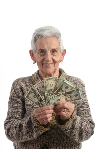 Mulher idosa com notas — Fotografia de Stock